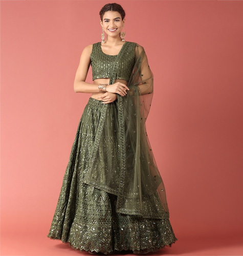 Olive Green & Gold-Toned Embellished Sequinned Semi-Stitched Lehenga Set